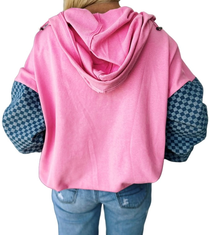 Pocket Half Zip Checkered Hoodie