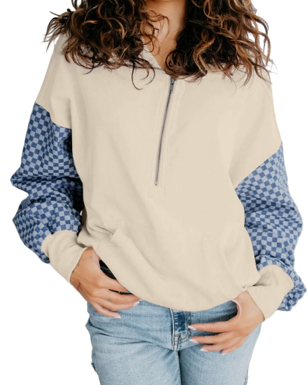 Pocket Half Zip Checkered Hoodie